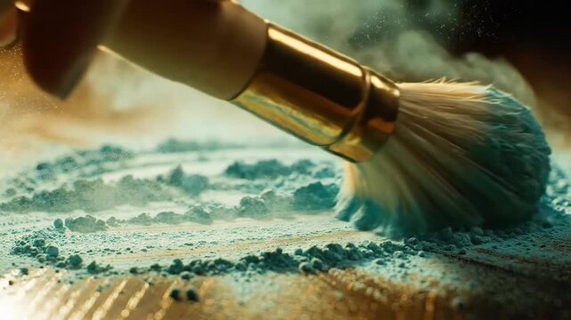 A makeup brush dispenses blue powder onto a wooden surface creating a smoky effect