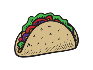 Hand-drawn colorful taco illustration with fresh lettuce, tomato and fillings, vintage comic doodle style for Mexican menus.