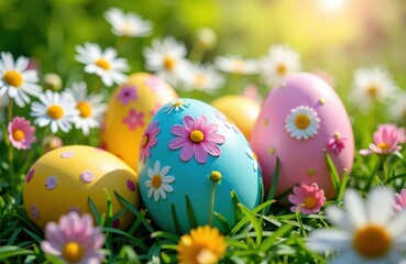 Fototapeta premium Colorful Easter eggs nestled in sunny grass among daisies and vibrant petals