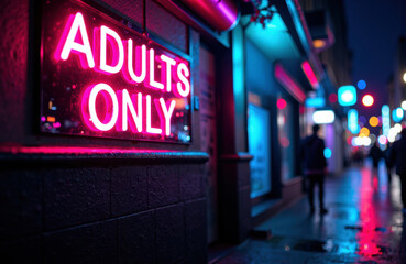 Adults night scene with neon signs lighting a moody city street at closing hours