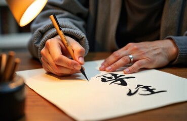 Person practicing brush calligraphy at a wooden desk under warm ambient light