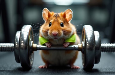 Hamster lifting weights at the gym with a determined tiny grip during training