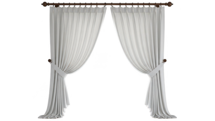Elegant white sheer curtains tied back isolated on transparent background
