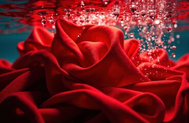 Naklejka premium Red rose underwater blooms with bubbles and vivid crimson tones, luminous and rich