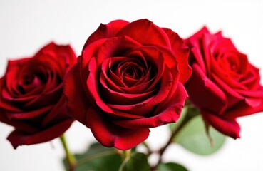 Red roses in close up with velvety petals against a bright white background