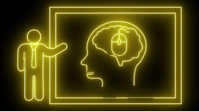 Neon graphic stick figure presenting a brain outline with a computer mouse inside