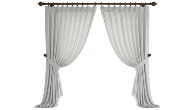 Elegant white sheer curtains tied back isolated on transparent background