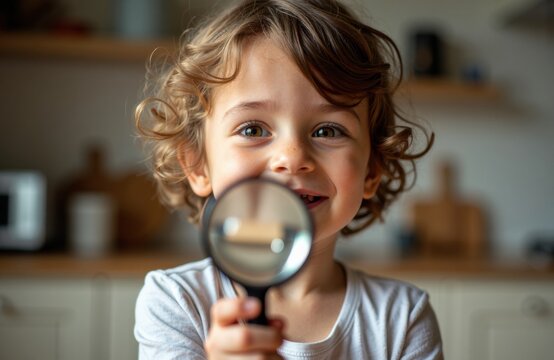 Boy with magnifying glass explores a cozy kitchen with playful curiosity - Powered by Adobe