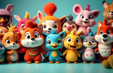 Naklejka premium Colorful cartoon animal friends pose for a cheerful group portrait together