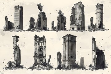 Dystopian Skyline of Ruined Skyscrapers in a Post-Apocalyptic Urban Landscape