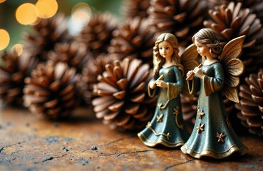 Obraz premium Angel figurines standing among pinecones with warm bokeh lights background