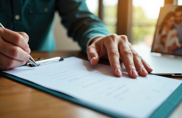 Person signing documents at desk during professional office scene with natural light
