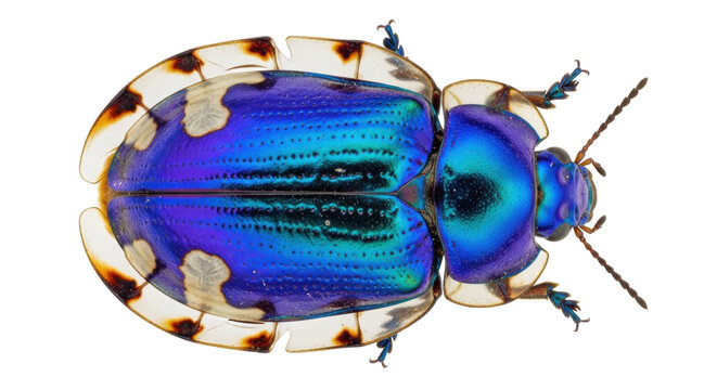 Isolated iridescent beetle, Calligrapha multipunctata, top-down view, metallic shimmer, animalia