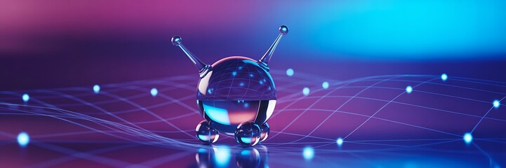 Futuristic glass sphere with glowing digital network connections on vibrant background  
