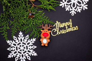 new year background christmas decorations on a wooden surface. christmas and new year. top view.