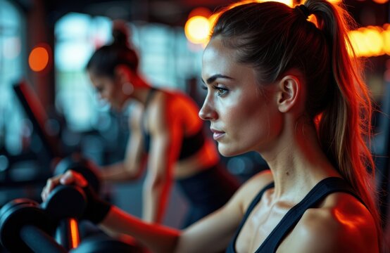 Woman lifting dumbbells in a moody gym during a focused workout session - Powered by Adobe