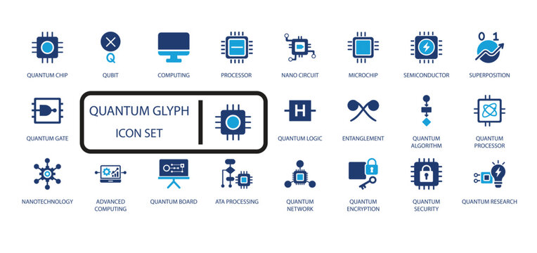 Quantum computing vector icon set, chip, qubit, entanglement, and logic. Featuring quantum algorithm, processor, nanocircuit, security, and advanced computing graphics.