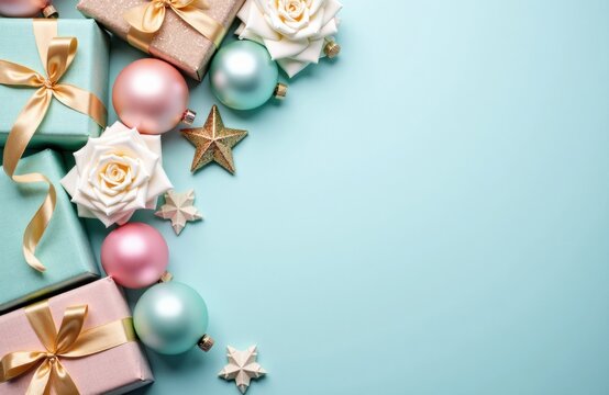 Colorful gift boxes with satin ribbons on a pastel blue background and festive decor