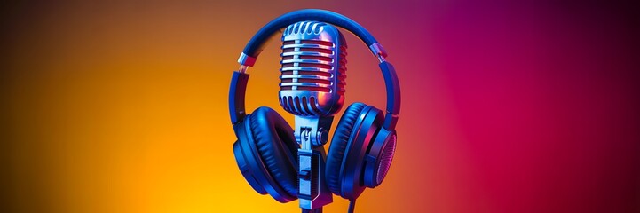 Vintage microphone with headphones on vibrant colorful background for audio themes  
