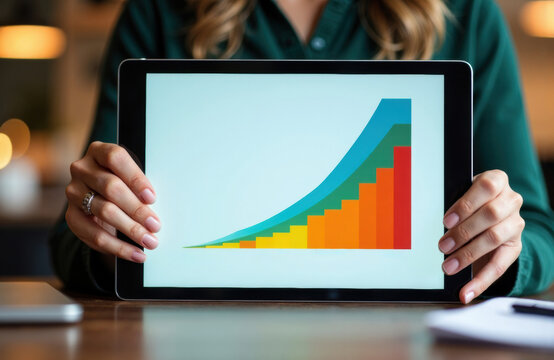 Tablet displays colorful growth chart in a professional business setting