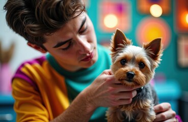 Man grooming small terrier dog in colorful indoor setting with soft lights