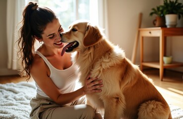 Woman with golden retriever cuddling on rug in sunlit cozy living room