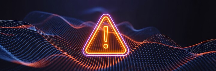Neon warning symbol with glowing digital waves on dark futuristic background  
