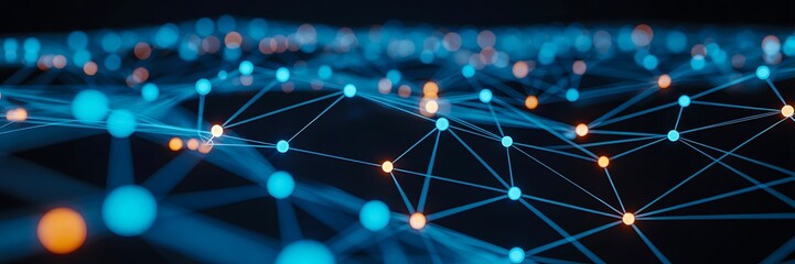 Abstract digital network with glowing blue and yellow nodes on dark background  
