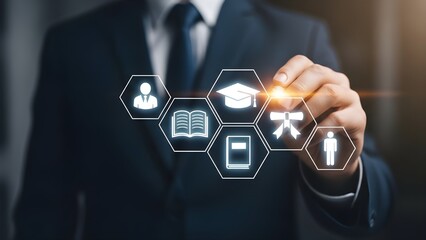 Businessman's hand touching a virtual screen icon for global social network communication and digital future connection concept