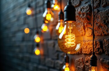 Edison bulbs glow along a brick wall, filling the space with warm ambient light