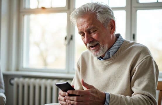 Man using smartphone and smiling while seated in bright modern living room - Powered by Adobe