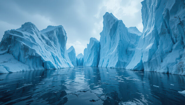Glacial landscape with icebergs and water under cloudy sky