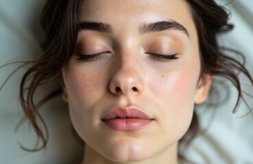 Fototapeta premium Woman with closed eyes relaxing on a soft pillow in natural light and calm ambiance