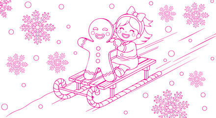 Gingerbread man and girl enjoy a winter sled ride with falling snow in the night on transparent background