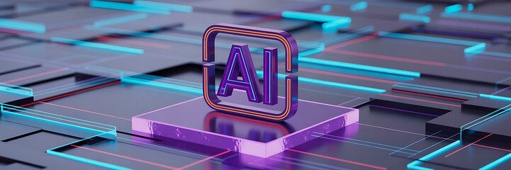 Futuristic ai icon on glowing purple tech platform with digital grid design  
