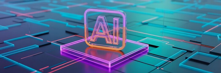 Futuristic ai icon on glowing purple tech platform with digital grid design  
