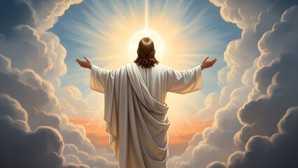 Silhouette of Jesus Christ on the cross against a sunset sky with clouds, hands open in freedom and joy