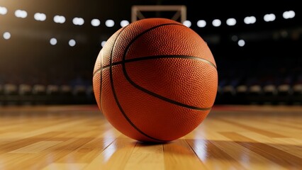 Professional basketball on a polished wooden court under bright stadium lights, symbolizing sports competition, athletic passion, and the thrill of the game