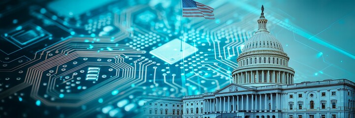 Technology and government concept with digital circuit board and capitol building  

