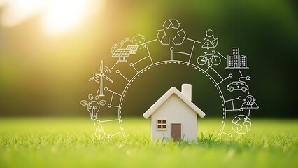 Sustainable living concept with miniature house and renewable energy icons for eco conscious home designs and green energy innovations in vibrant nature