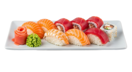 Isolated dish with Japanese salmon nigiri sushi, maki, tuna sushi rolls, ginger, wasabi