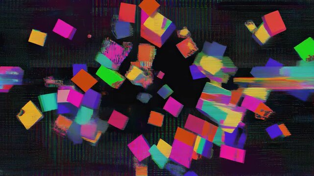 Abstract Glitch Art Animation of Colorful Cubes Floating and Exploding with Digital Distortion Effects in a Dark Futuristic Digital Space