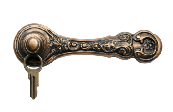 Ornate antique brass door handle with a vintage key inserted