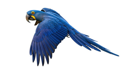 Isolated Hyacinth Macaw soaring high in the sky with vibrant blue feathers spreading wings