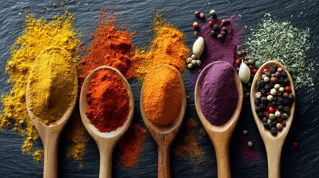 Colorful assortment of spices in wooden spoons displayed on dark slate surface for culinary inspiration