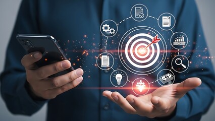 Achieve your business goals with smart technology and strategic planning tools for success displayed over hands holding a mobile phone