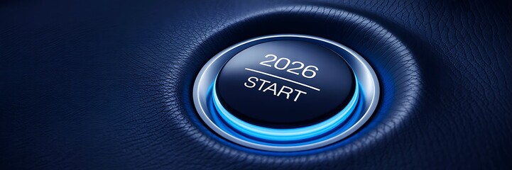 Blue futuristic start button with 2026 text and glowing circular design  
