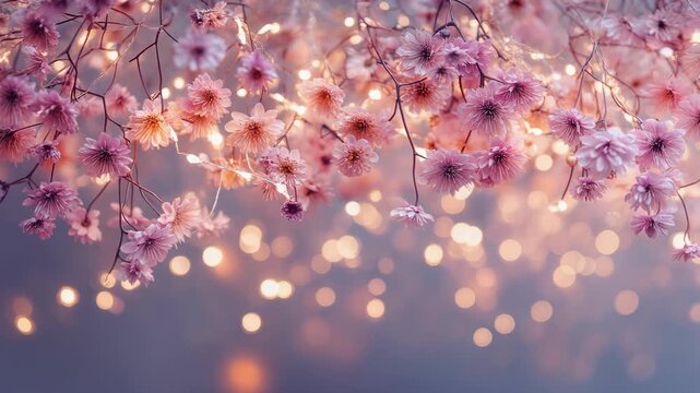 Beautiful cherry blossom flowers with warm glowing lights for serene ambiance and nature themes