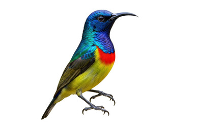 Isolated colorful sunbird perching, with blue, red, and yellow plumage, no background