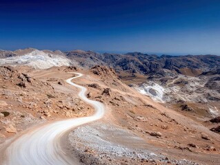 A scenic view of a winding road through a mountainous landscape under a clear blue sky. The road curves through the rugged terrain, leading the eye towards the